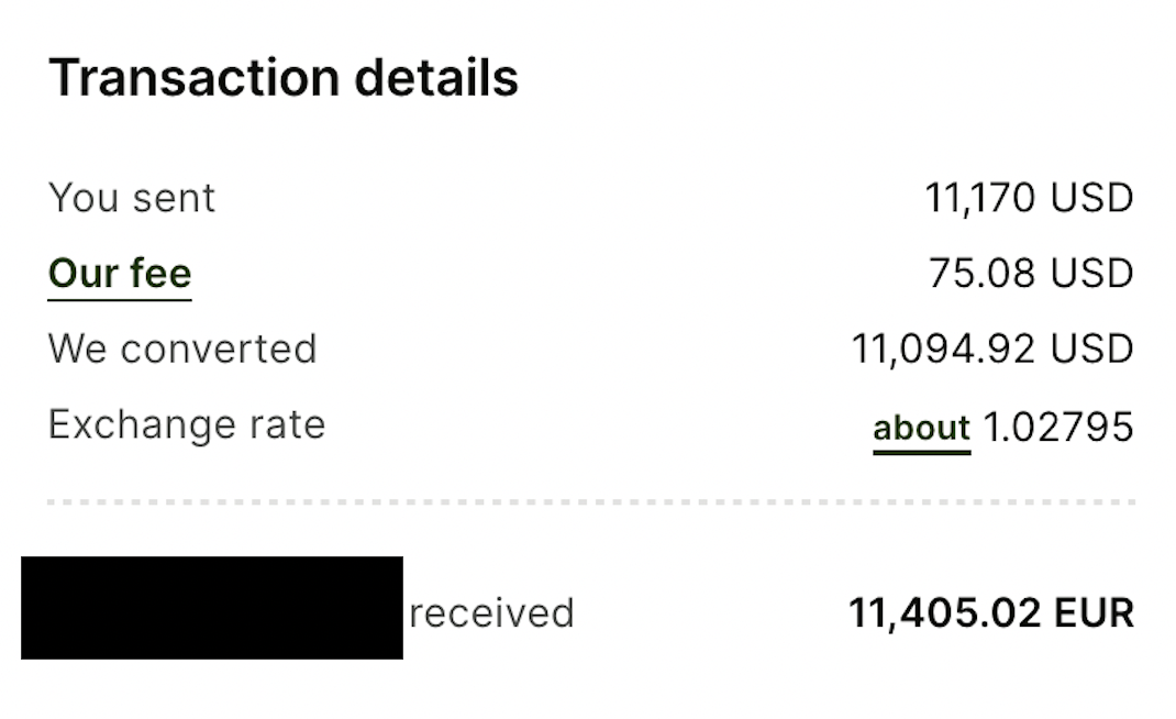 Actual transfer details including fee